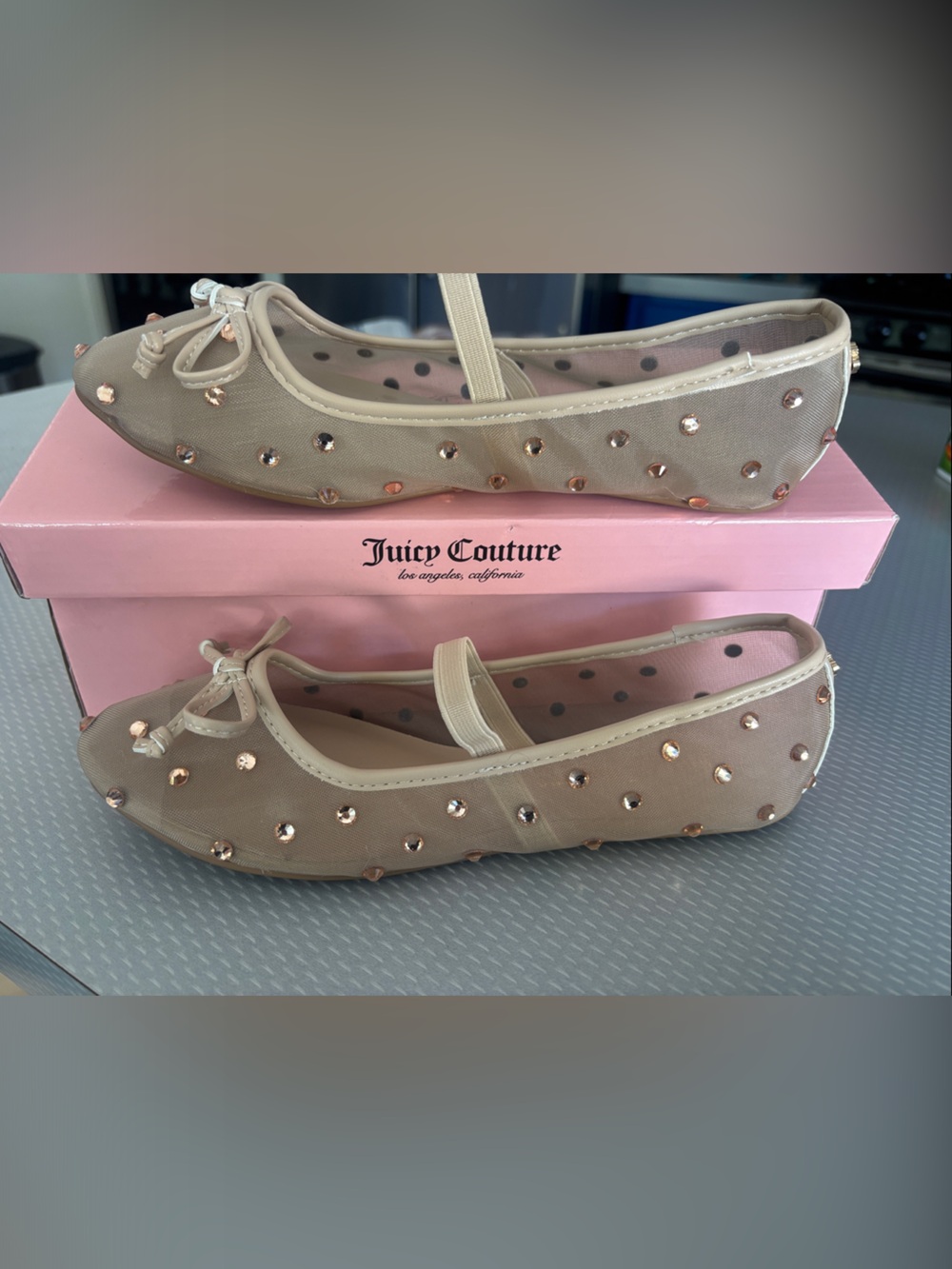 Juicy Couture Rose Gold-Studded Beige Ballet Flats
